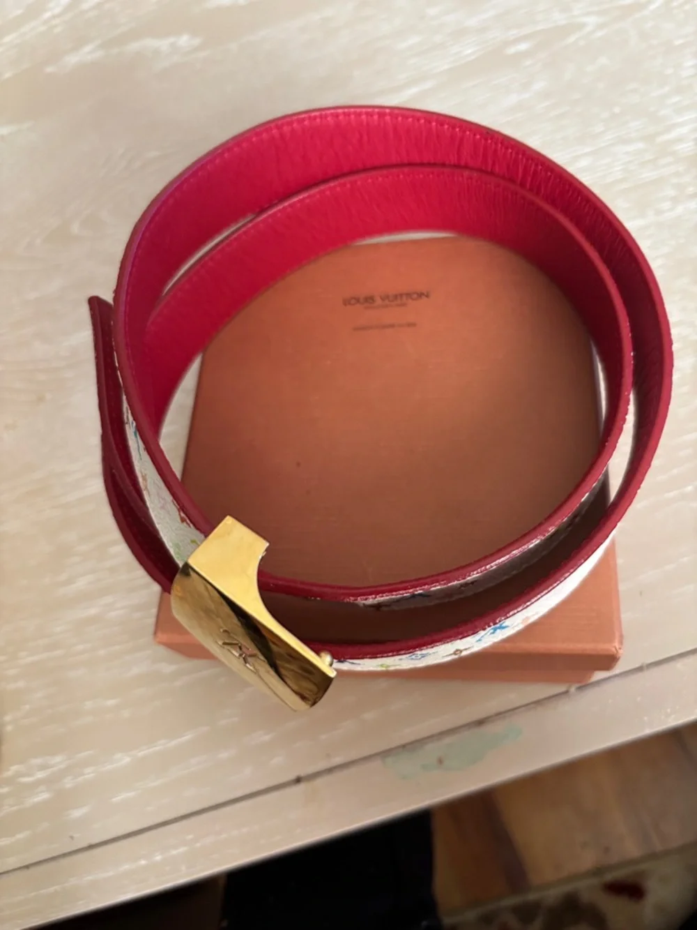 Louis Vuitton White Multicolor Monogram Leather Belt some scratches on buckle - Picture 3 of 4